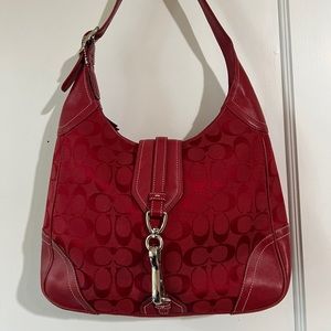 Cherry Red Jacquard Monogram and Leather Coach Hobo Bag